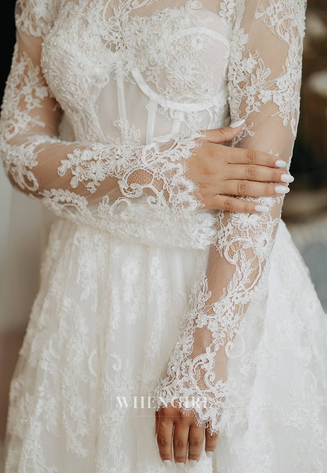 A-Line High Neck Long Sleeves Sweep Train Lace Wedding Dress