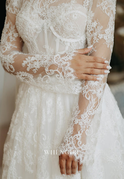 A-Line High Neck Long Sleeves Sweep Train Lace Wedding Dress