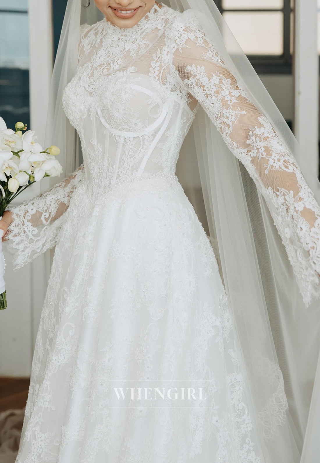 A-Line High Neck Long Sleeves Sweep Train Lace Wedding Dress