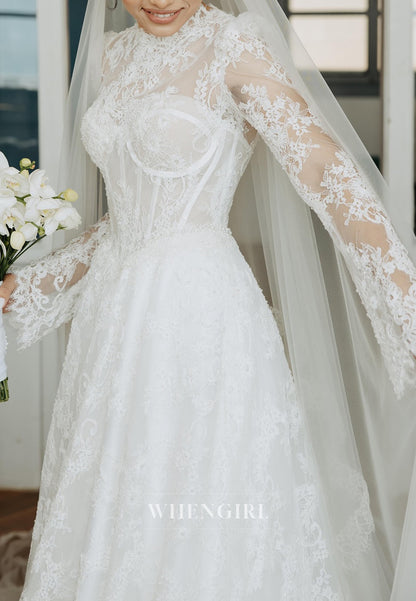 A-Line High Neck Long Sleeves Sweep Train Lace Wedding Dress