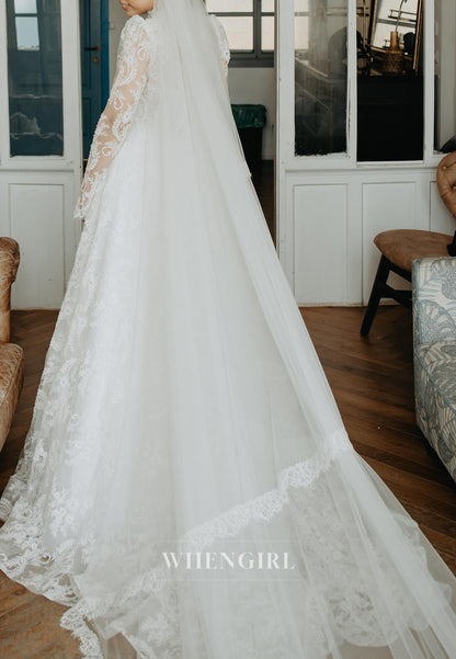 A-Line High Neck Long Sleeves Sweep Train Lace Wedding Dress