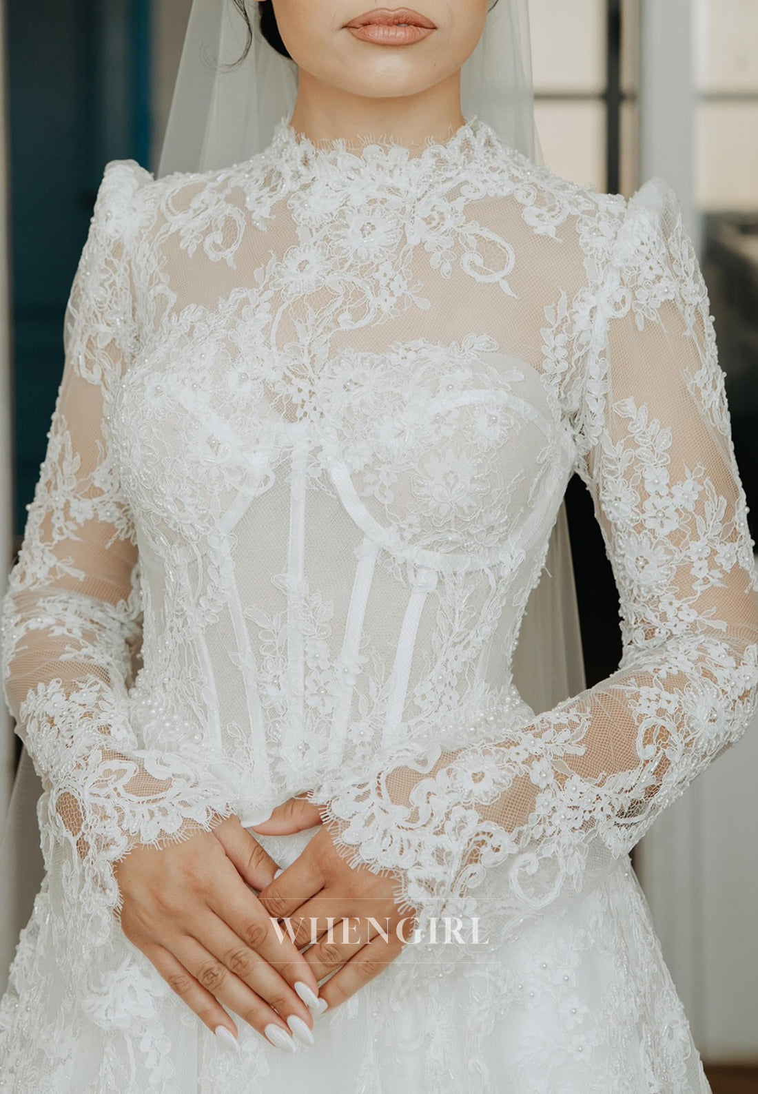 A-Line High Neck Long Sleeves Sweep Train Lace Wedding Dress