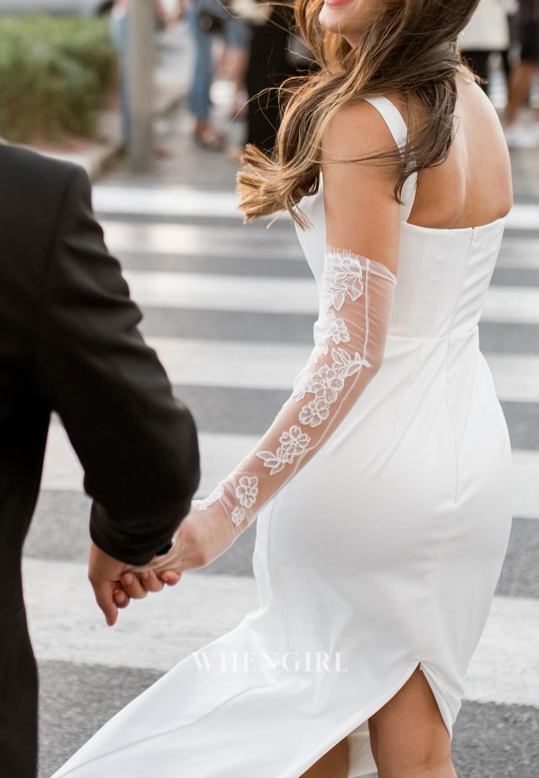 Sheath Square Neck Sleeveless Lace Gloves Detachable Train Back Zipper Wedding Dress