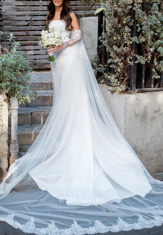 Sheath Square Neck Sleeveless Lace Gloves Detachable Train Back Zipper Wedding Dress
