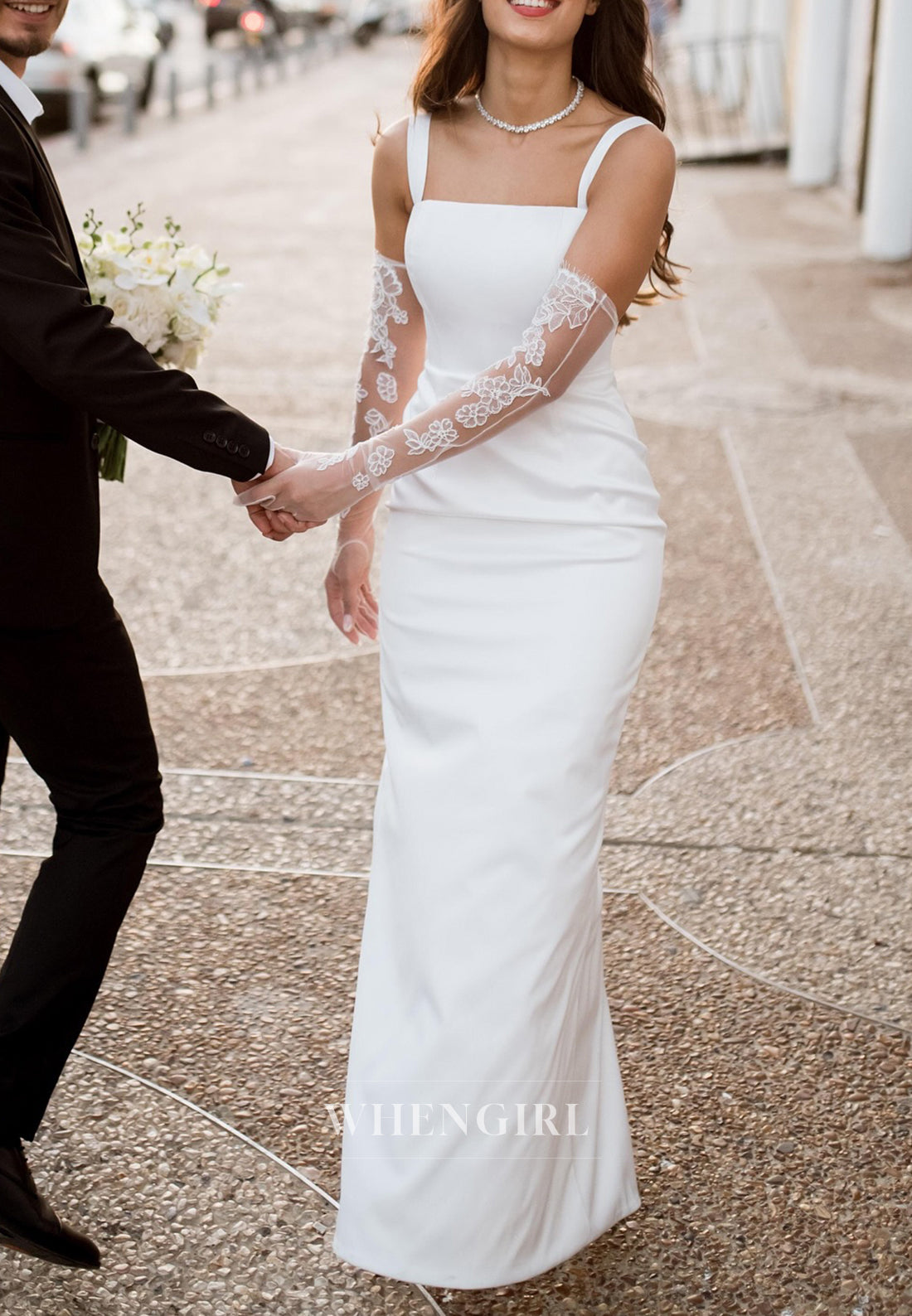 Sheath Square Neck Sleeveless Lace Gloves Detachable Train Back Zipper Wedding Dress