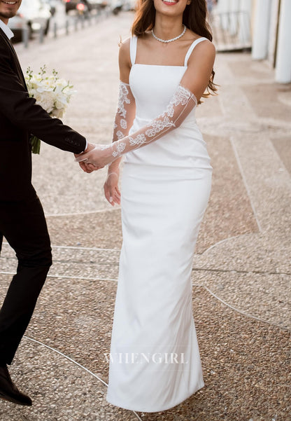 Sheath Square Neck Sleeveless Lace Gloves Detachable Train Back Zipper Wedding Dress
