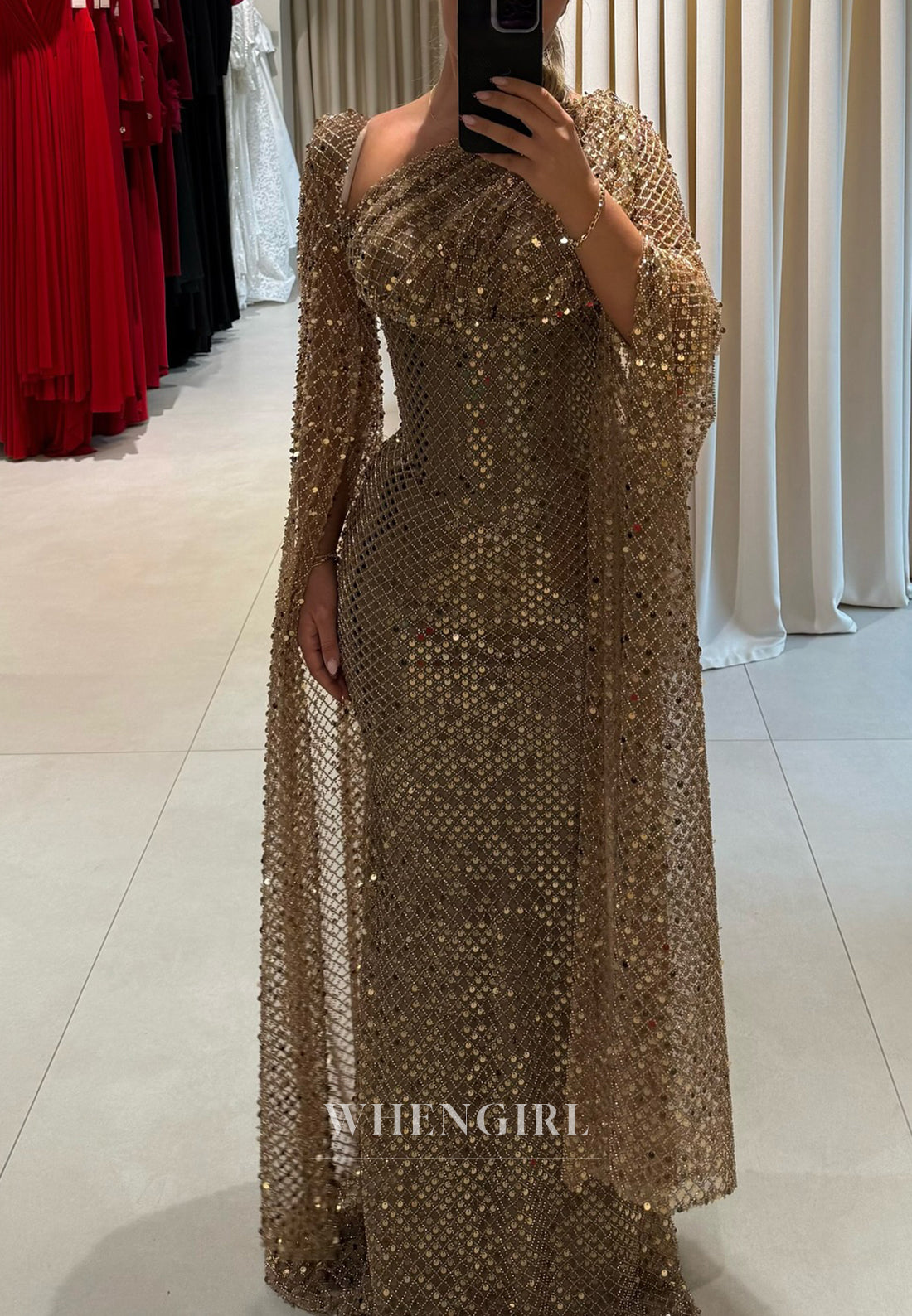Champagne Sparkly Asymmetrical Neck Long Sleeves Pleated Sheath Prom Dress Evening Gown