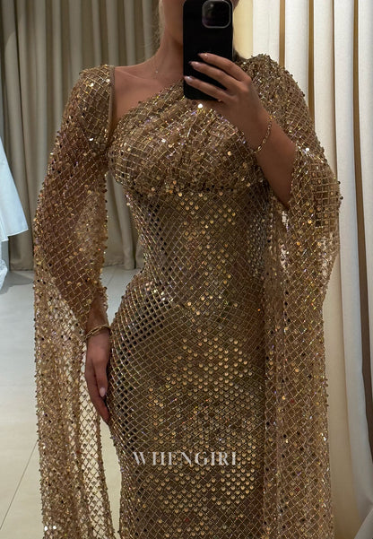 Champagne Sparkly Asymmetrical Neck Long Sleeves Pleated Sheath Prom Dress Evening Gown