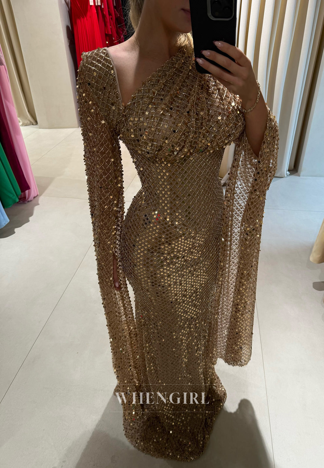 Champagne Sparkly Asymmetrical Neck Long Sleeves Pleated Sheath Prom Dress Evening Gown