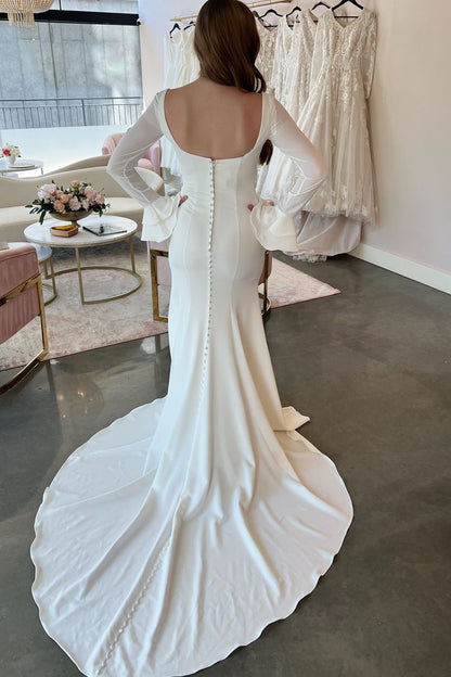 Square Neck Long Sleeves Slit Mermaid Wedding Dress
