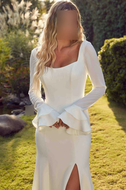 Square Neck Long Sleeves Slit Mermaid Wedding Dress