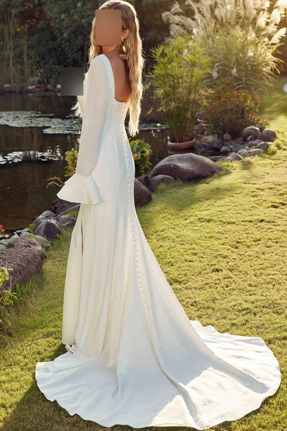 Square Neck Long Sleeves Slit Mermaid Wedding Dress