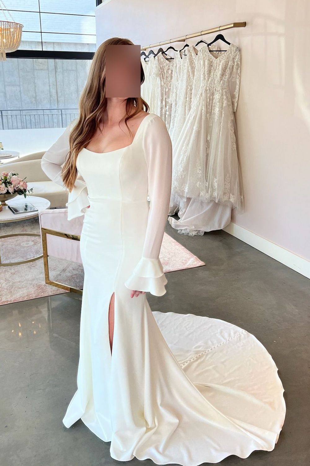 Square Neck Long Sleeves Slit Mermaid Wedding Dress