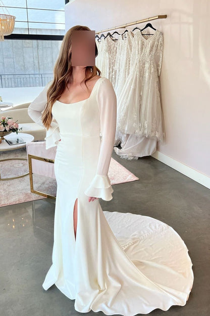 Square Neck Long Sleeves Slit Mermaid Wedding Dress