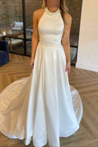 Halter Sleeveless Beaded Neck Slit A-Line Wedding Dress
