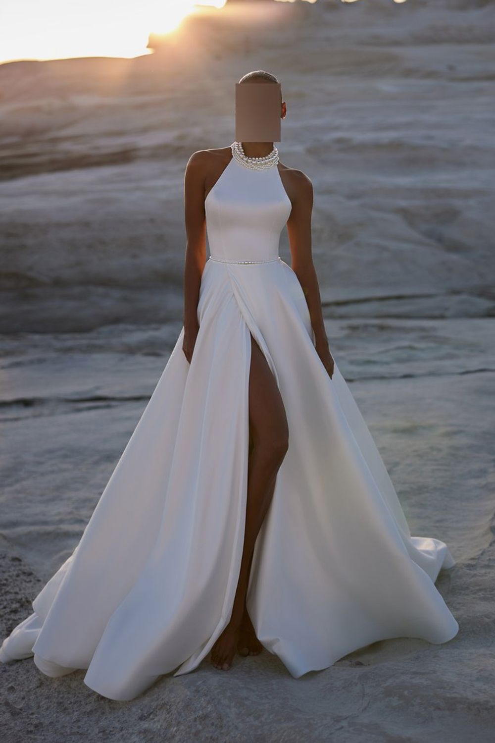 Halter Sleeveless Beaded Neck Slit A-Line Wedding Dress