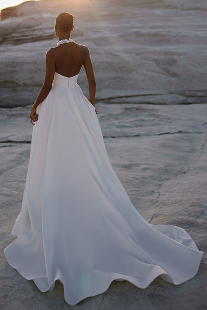Halter Sleeveless Beaded Neck Slit A-Line Wedding Dress