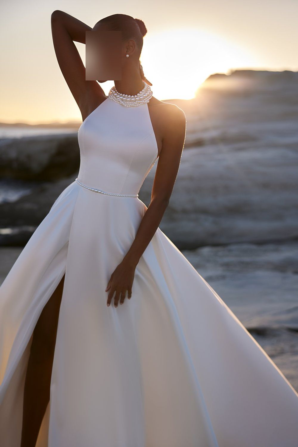 Halter Sleeveless Beaded Neck Slit A-Line Wedding Dress