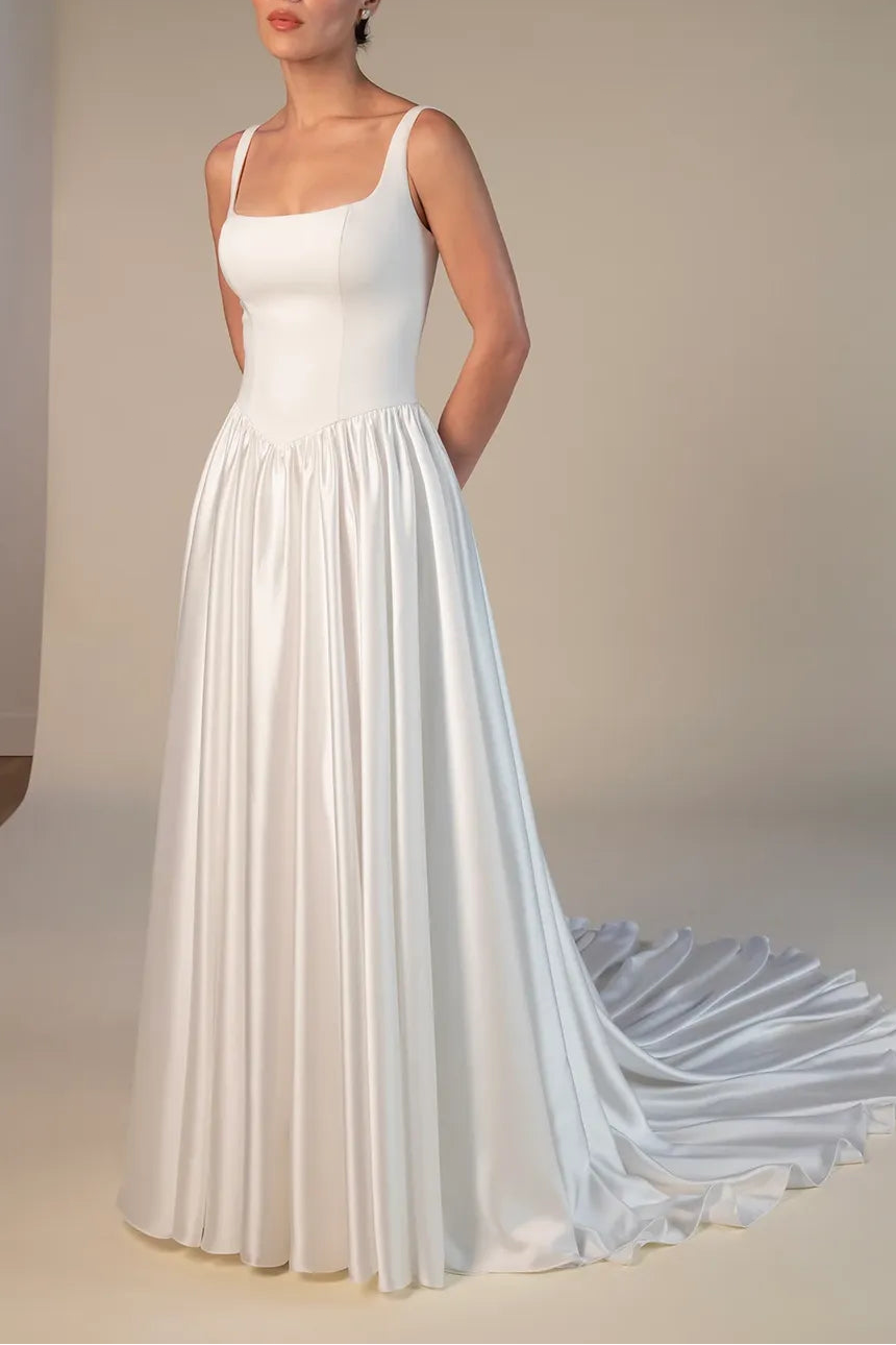 A-Line Square Neck Court Train Classic Wedding Dress