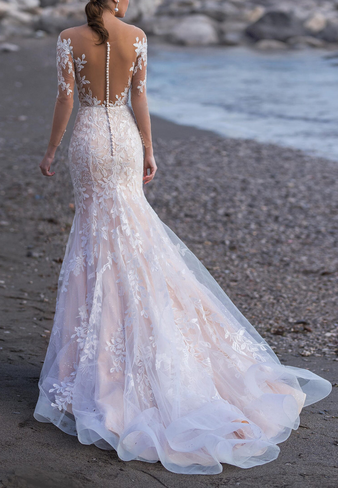 Mermaid Off Shoulder Half Sleeves Fully Lace Boho Wedding Dress with Train