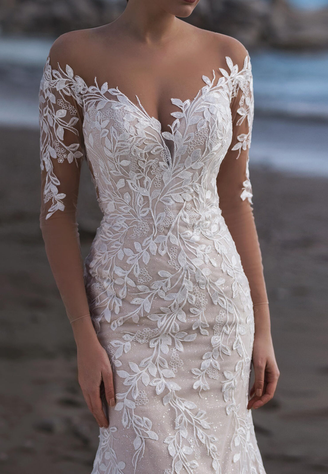 Mermaid Off Shoulder Half Sleeves Fully Lace Boho Wedding Dress with Train