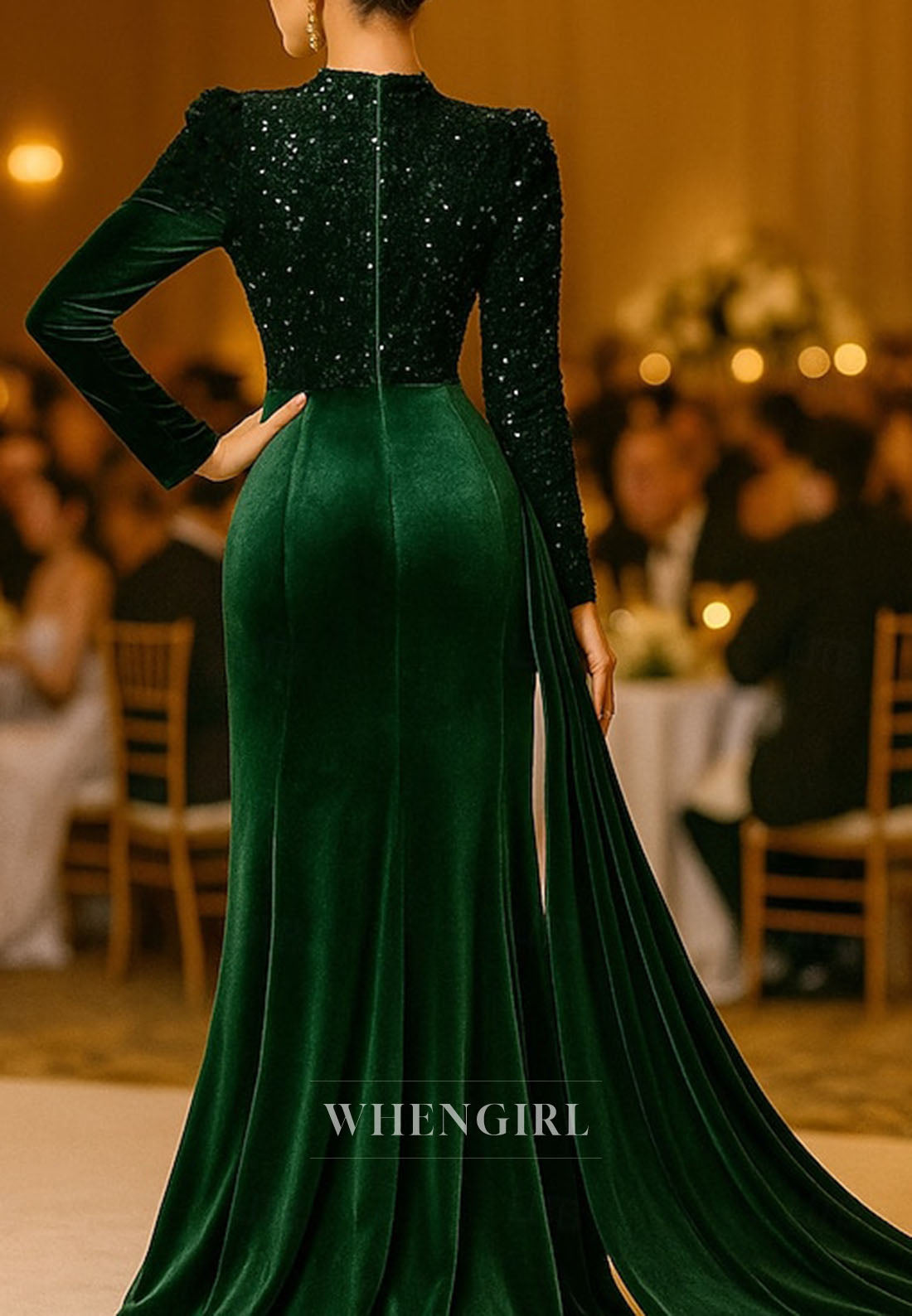 Mermaid Long Sleeves High Neck Side Slit Pleated Beaded Mother of the Bride Dress Evening Gown