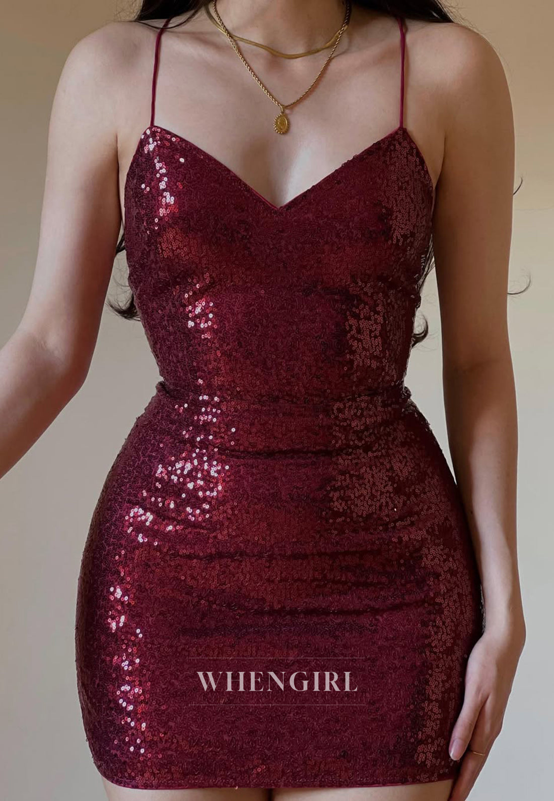 Burgundy V Neck Spaghetti Straps Cross Back Sleeveless Sheath Homecoming Dress
