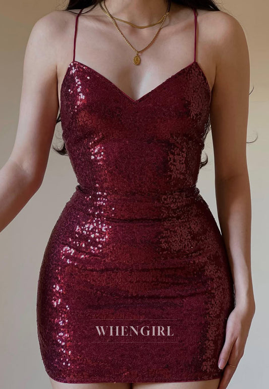 Burgundy V Neck Spaghetti Straps Cross Back Sleeveless Sheath Homecoming Dress