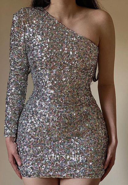 Sheath One Shoulder Long Sleeve Sequins Short Homecoming Dress