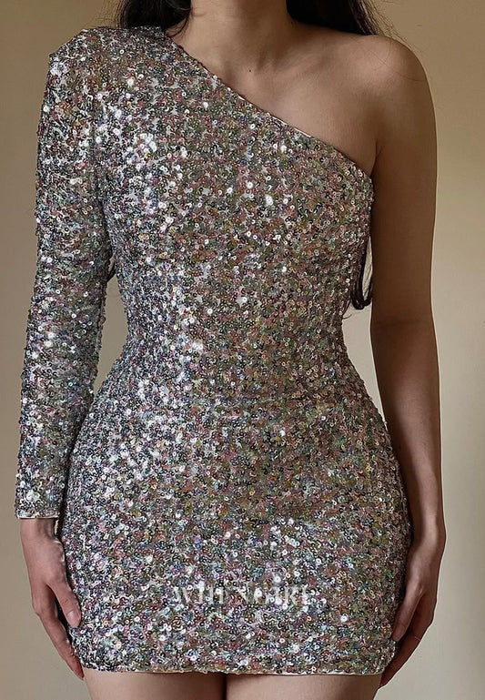 Sheath One Shoulder Long Sleeve Sequins Short Homecoming Dress