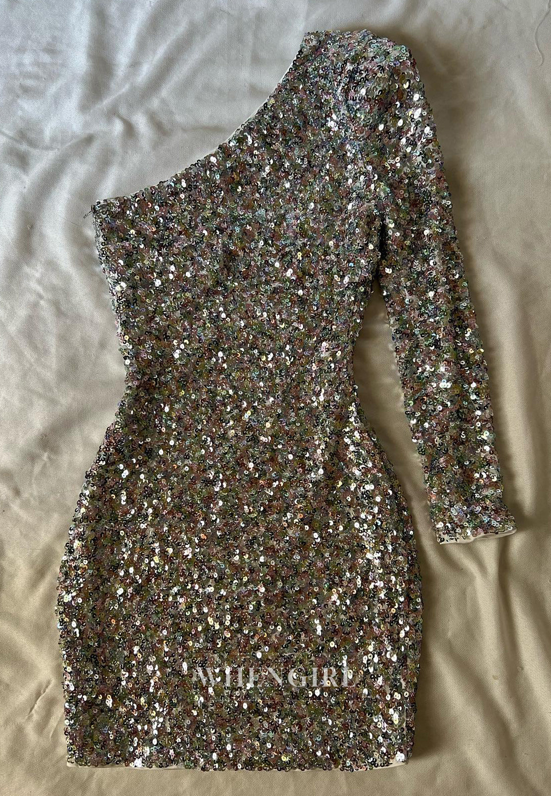 Sheath One Shoulder Long Sleeve Sequins Short Homecoming Dress