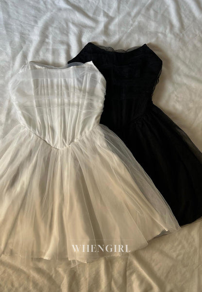 A-Line Sleeveless Strapless Tulle Short Homecoming Dress