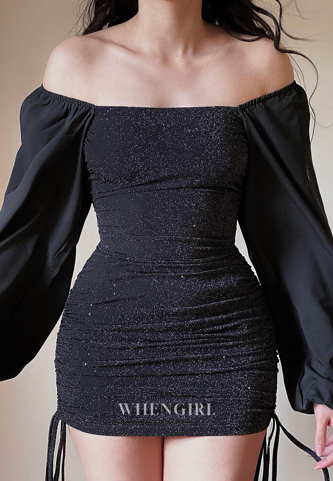 Sheath Off Shoulder Long Sleeves Back Zipper Pleated Short Homecoming Dress