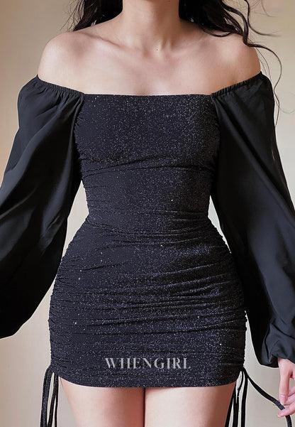 Sheath Off Shoulder Long Sleeves Back Zipper Pleated Short Homecoming Dress