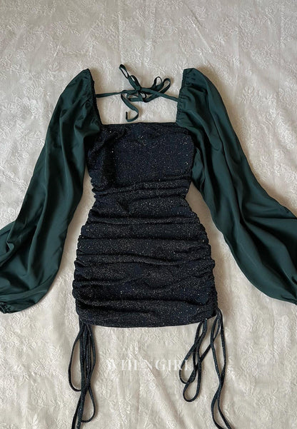 Sheath Off Shoulder Long Sleeves Back Zipper Pleated Short Homecoming Dress