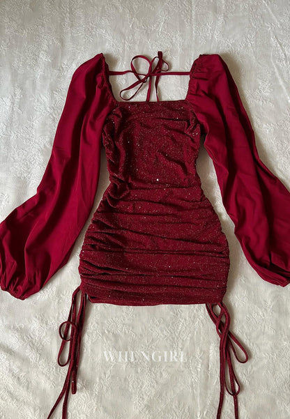 Sheath Off Shoulder Long Sleeves Back Zipper Pleated Short Homecoming Dress
