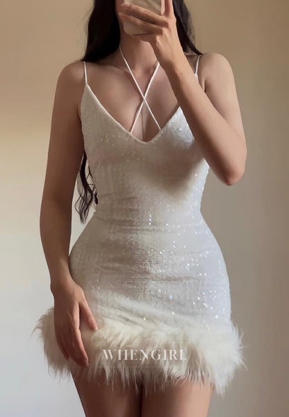 V Neck Sleeveless Sequins Sheath Feather Back Zipper Short Homecoming Dress