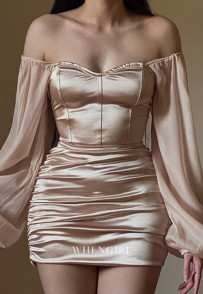 Light Champagne Long Sleeves Off Shoulder Pleated Sheath Short Homecoming Dress