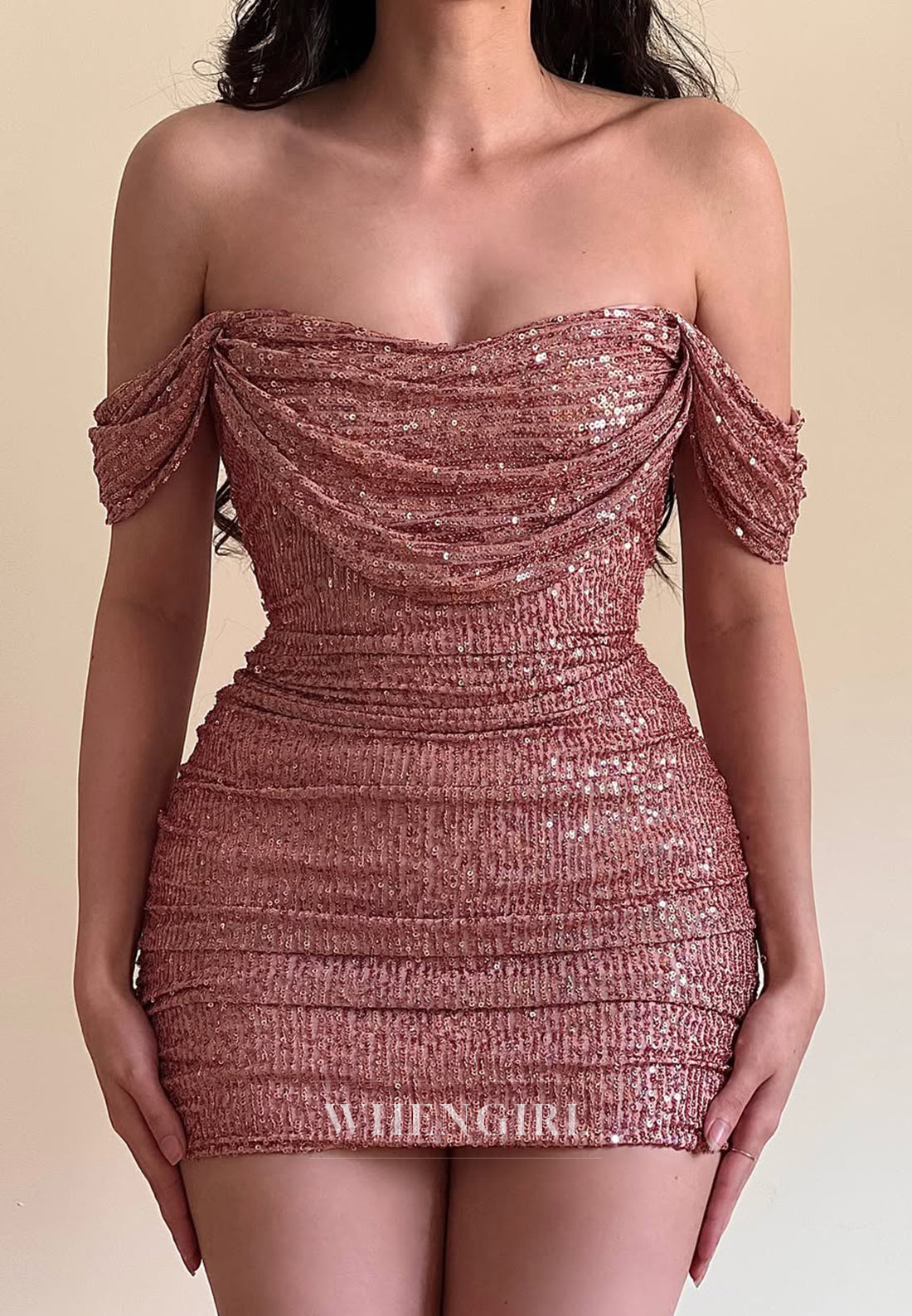 Sheath Quartz Off Shoulder Pleated Party Dress Sequins Sleeveless Homecoming Dress