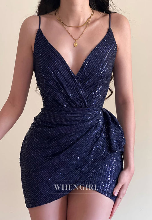 Navy V neck Spaghetti Straps Sleeveless Pleated Sequins Sheath Homecoming Dress