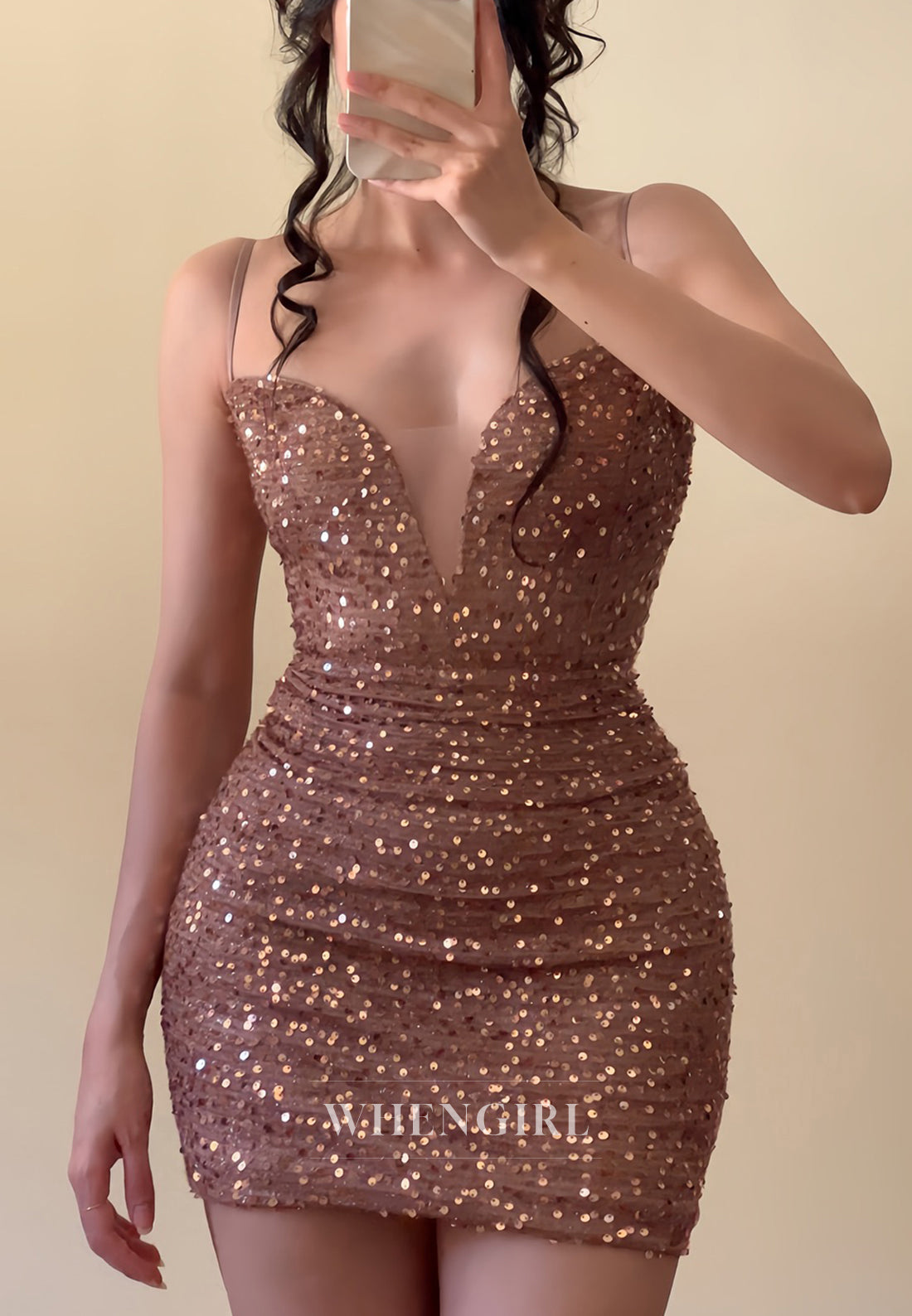 Sheath V Neck Spaghetti Straps Sleeveless Squins Cross Back Homecoming Dress
