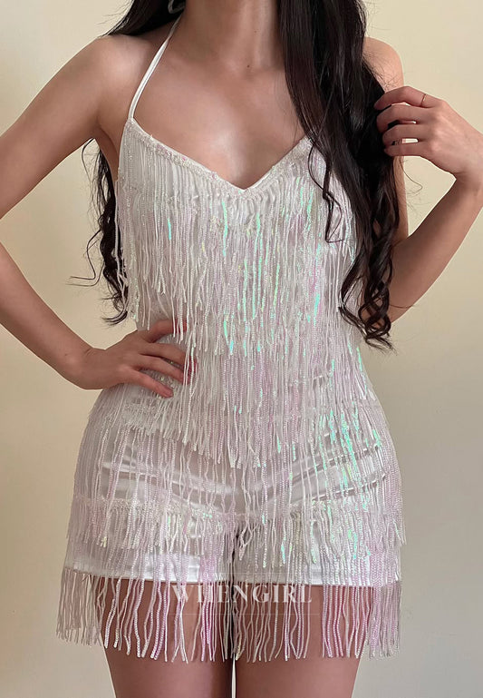 Graceful White V Neck Jumpsuit Tassel Tie Back Sleeveless Homecoming Dress
