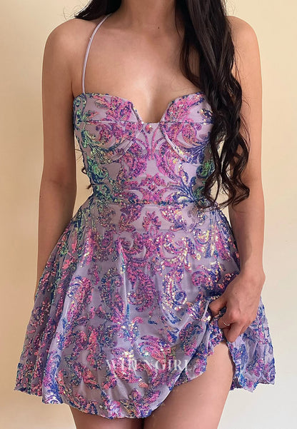 A-Line Sweetheart Beaded Sleeveless Cross Back Homecoming Dress
