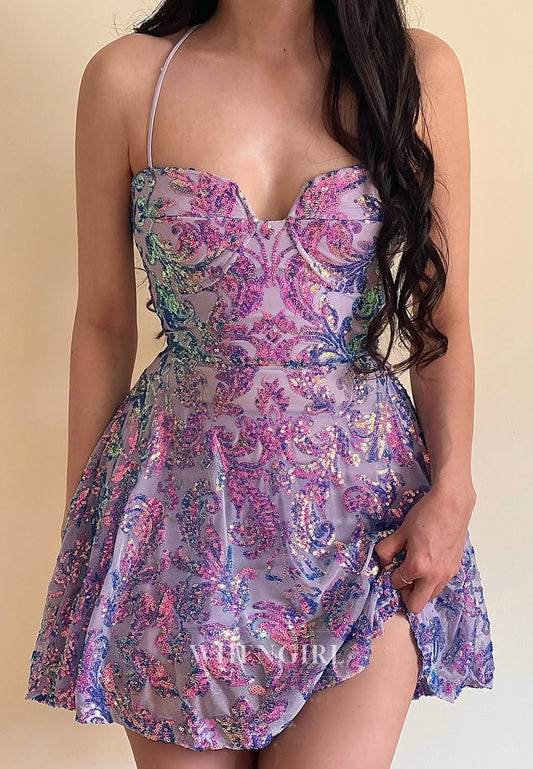 A-Line Sweetheart Beaded Sleeveless Cross Back Homecoming Dress