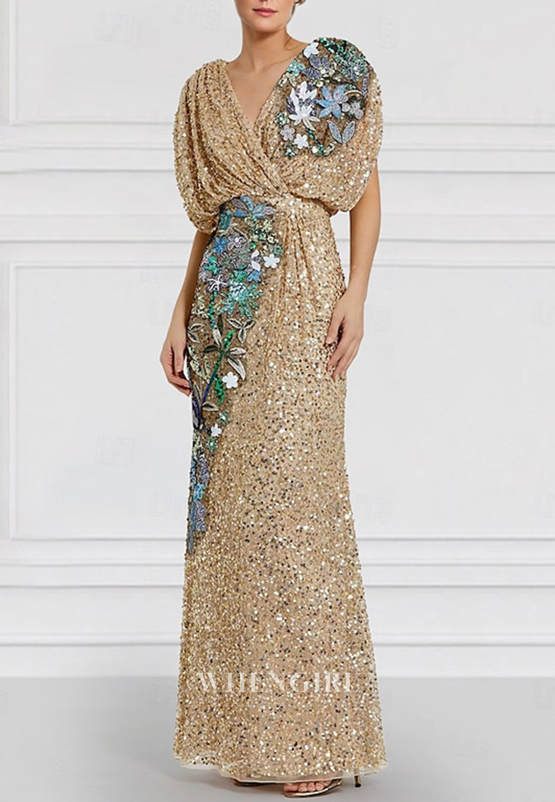 Sheath V Neck Short Sleeves Beaded Sequins Mother of the Bride Dress