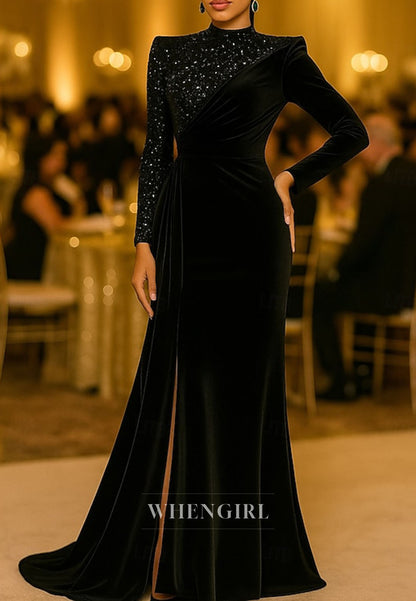 Mermaid Long Sleeves High Neck Side Slit Pleated Beaded Mother of the Bride Dress Evening Gown