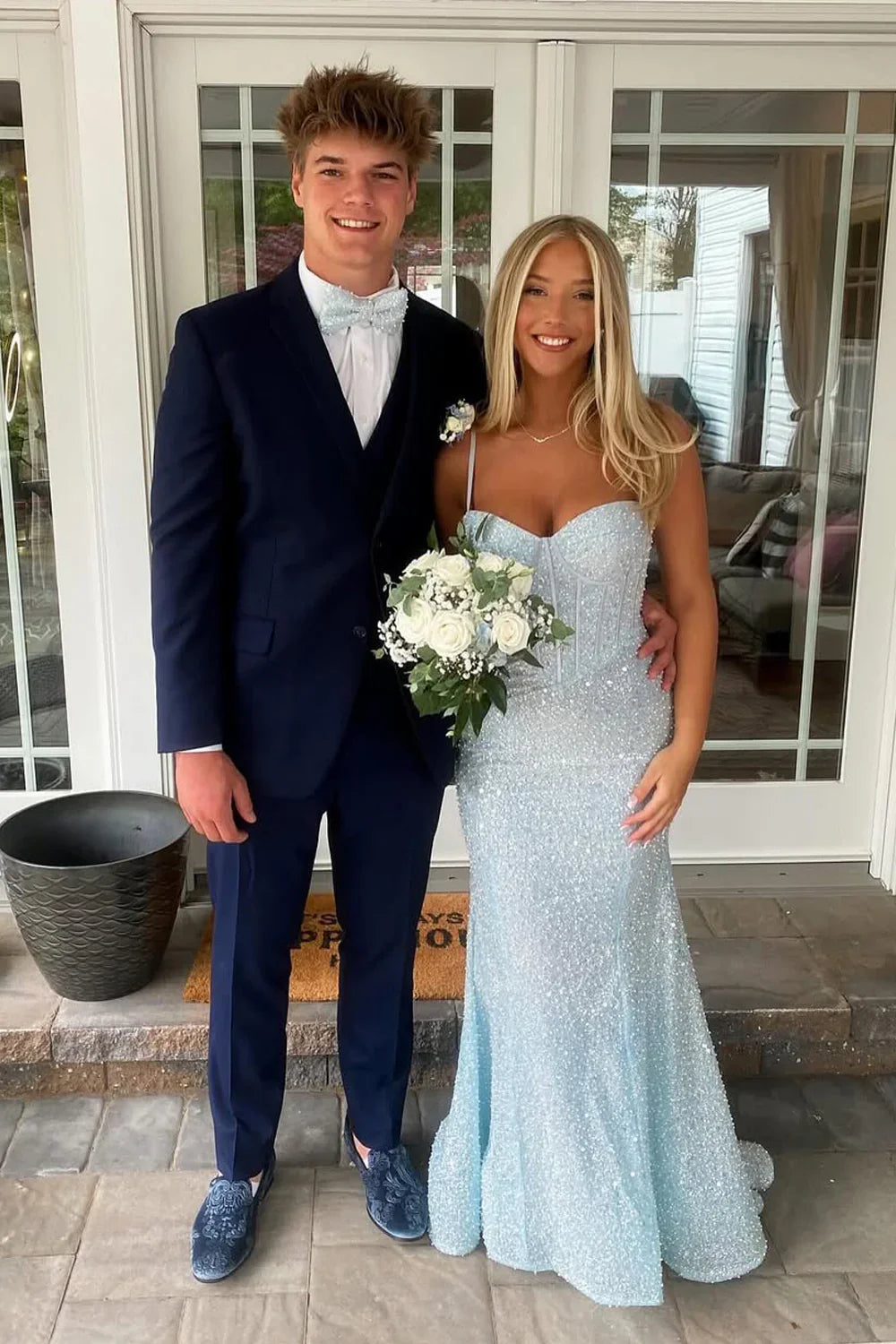 Long Light Sky Blue Prom Dresses Sequins Mermaid Sweetheart