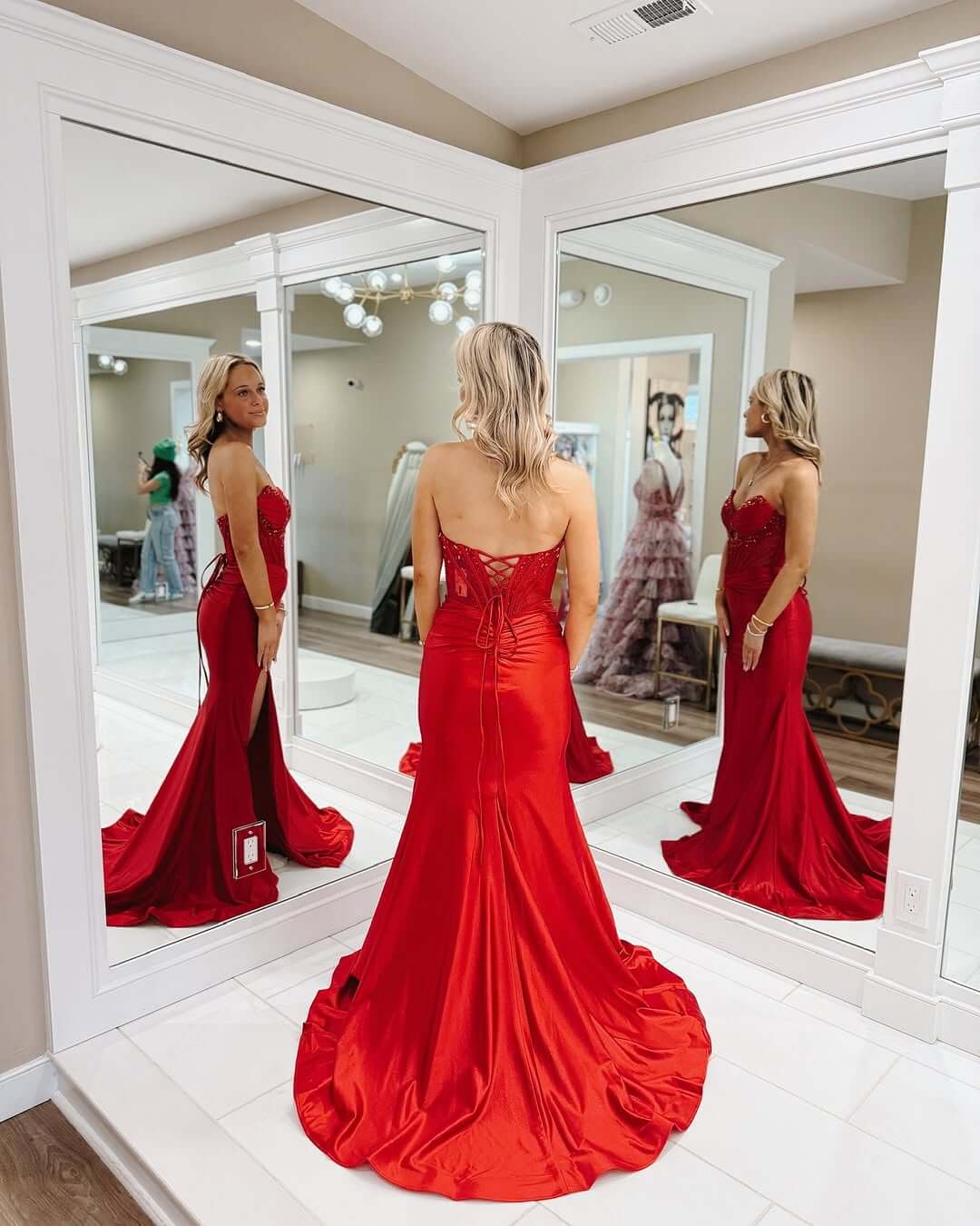 Long Red Evening Dresses Beaded Strapless Prom Dress