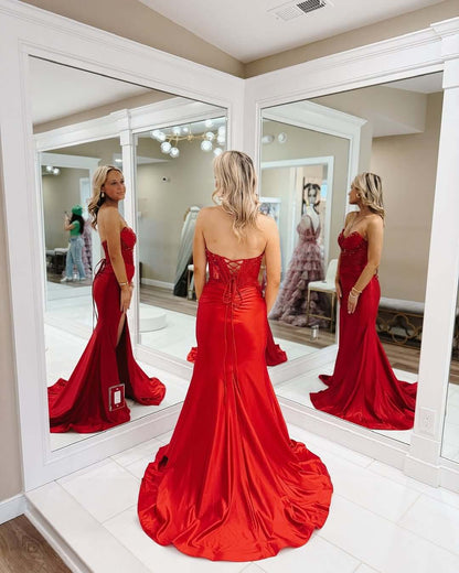 Long Red Evening Dresses Beaded Strapless Prom Dress
