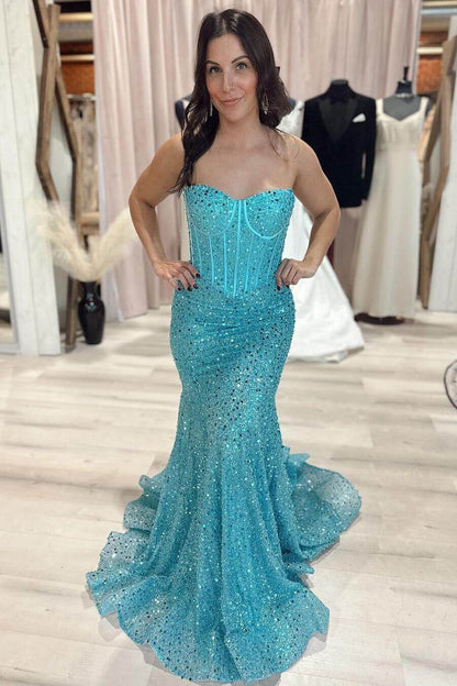 Long Light Sky Blue Prom Dresses Sequins Mermaid Sweetheart